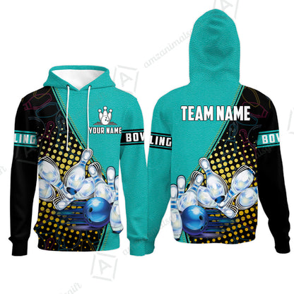 Custom Bowling Hoodie - Black And Blue Bowling Ball Pattern Personalized Name Hoodie