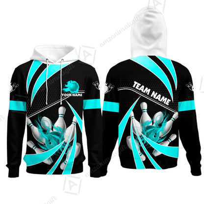 Customized Bowling Hoodie, Bowling Ball & Pins Fire Light Sport Hoodie Multicolor Option For Bowlers