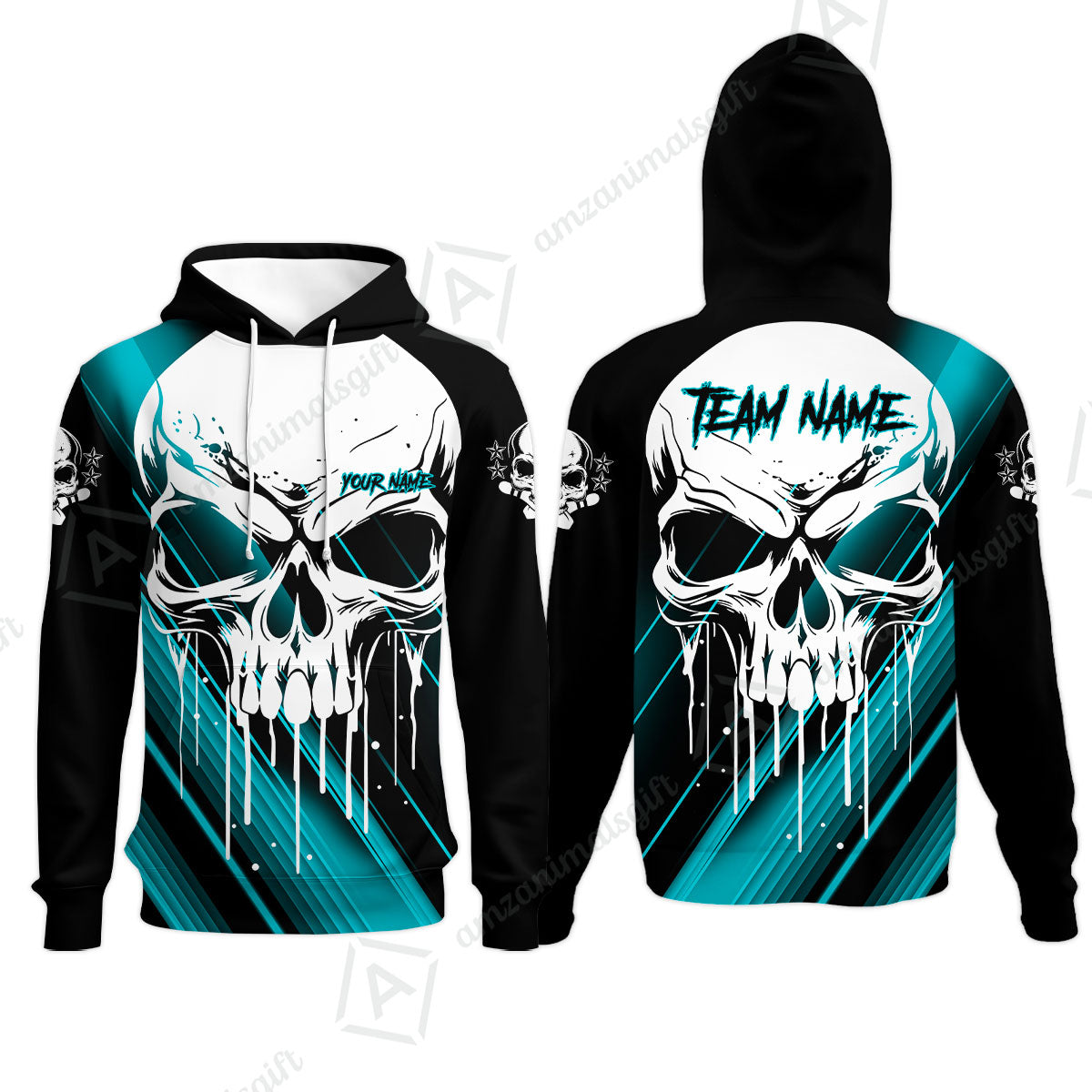 Customized Bowling Polo, Blue Skull Bowling Creepy Style Bowling jerseys Custom Name And Team Shirt