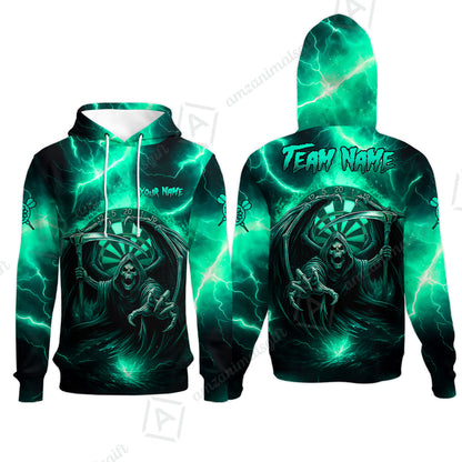Customized Darts Hoodie, Darts Grim Reaper Thunder Lightning Turquoise And Blue Team Jersey For Darts Player