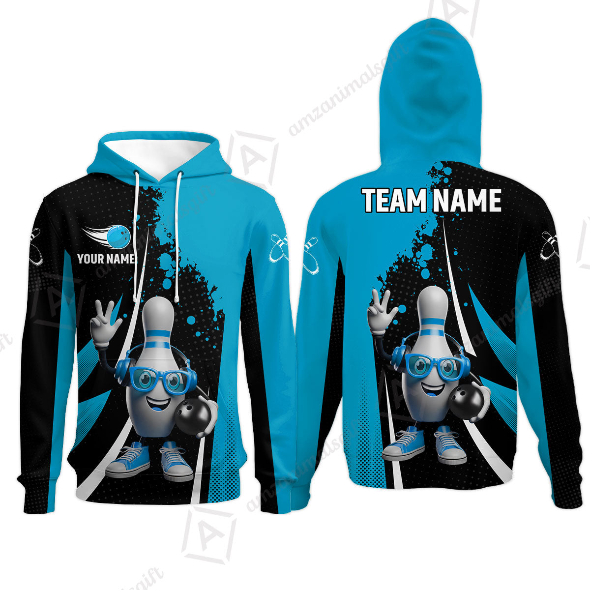 Customized Bowling Unisex Polo Shirt, Halftone Bowling Pin Wearing Headphones Sunglasses, Personalized Name And Team Name