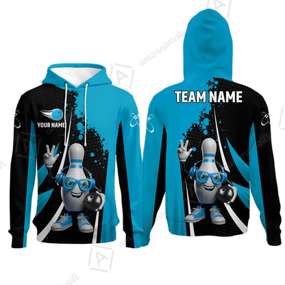 Customized Bowling Unisex Polo Shirt, Halftone Bowling Pin Wearing Headphones Sunglasses, Personalized Name And Team Name