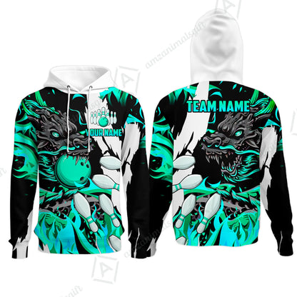 Custom Bowling Team Hoodie, Bowling uniforms Ball & Pins Dragon Flame Pattern Personalized Name And Team Name
