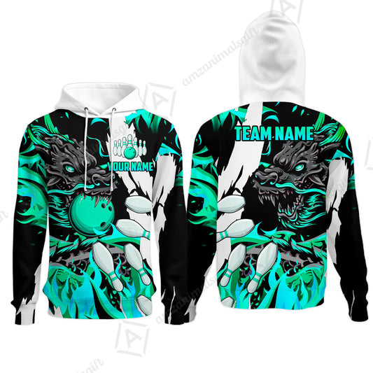 Custom Bowling Team Hoodie, Bowling uniforms Ball & Pins Dragon Flame Pattern Personalized Name And Team Name