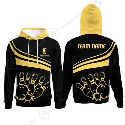 Bowling Customized Jersey Black Shirt Gold Curve Bowling Tenpin Quarter Zip Shirt, Outfit For Bowlers, Bowling Team
