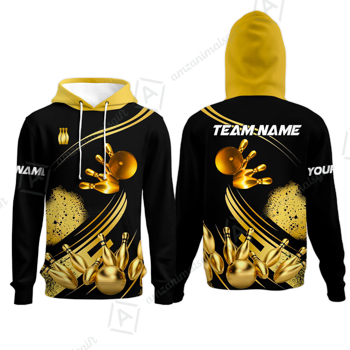 Custom Bowling Team Jerseys Polo Shirts, Bowling Uniforms Ball And Pins Ultimate Golden Multicolor Options Personalized Name And Team Name