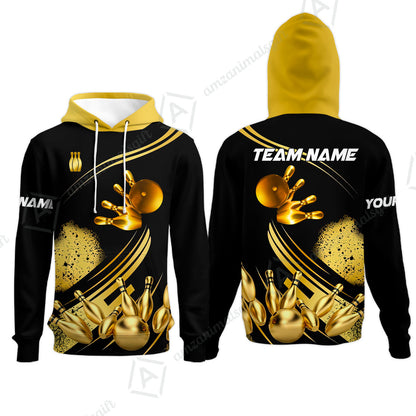 Custom Bowling Team Jerseys Polo Shirts, Bowling Uniforms Ball And Pins Ultimate Golden Multicolor Options Personalized Name And Team Name