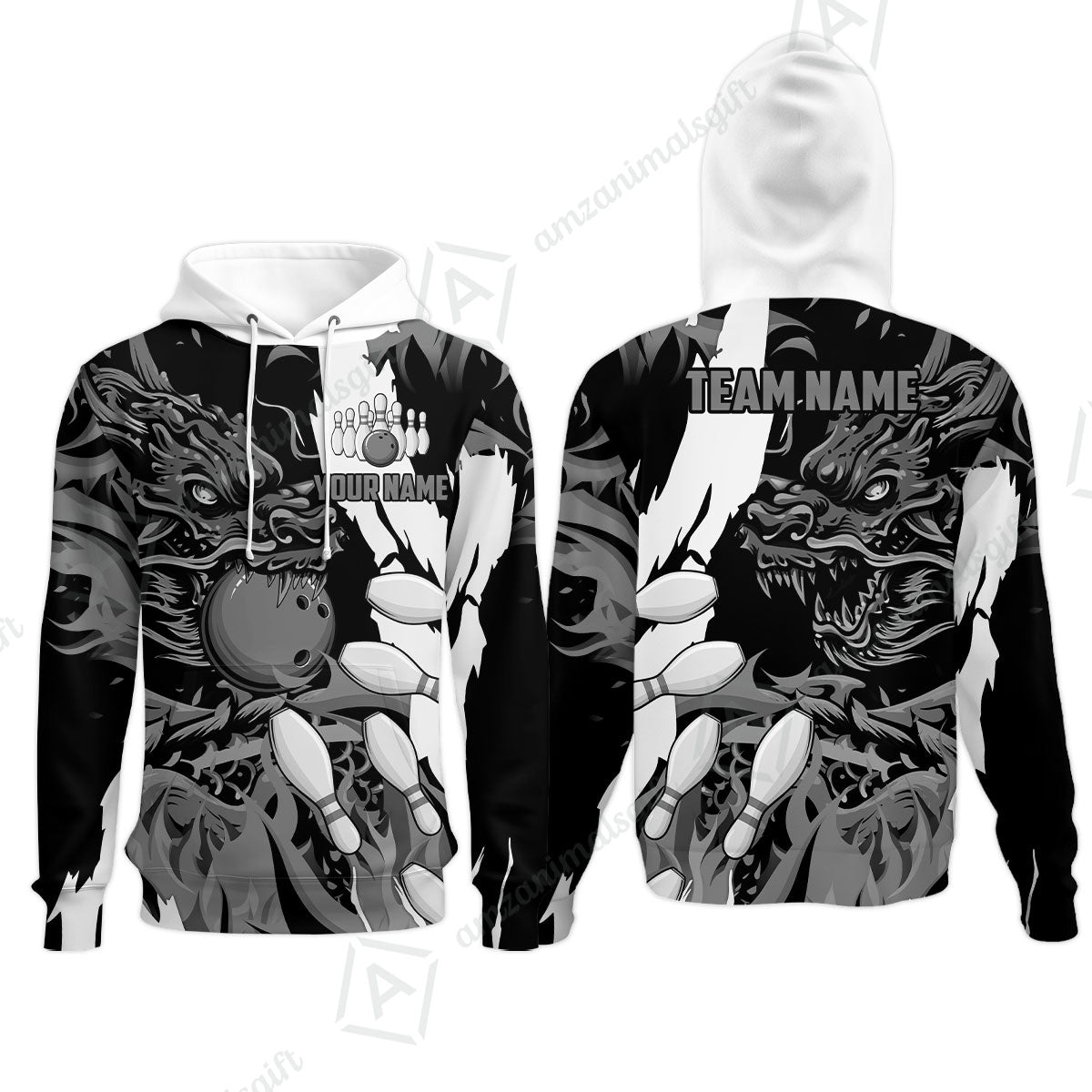 Custom Bowling Team Hoodie, Bowling uniforms Ball & Pins Dragon Flame Pattern Personalized Name And Team Name