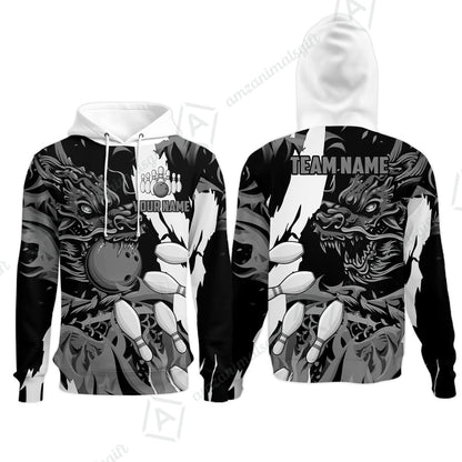 Custom Bowling Team Hoodie, Bowling uniforms Ball & Pins Dragon Flame Pattern Personalized Name And Team Name