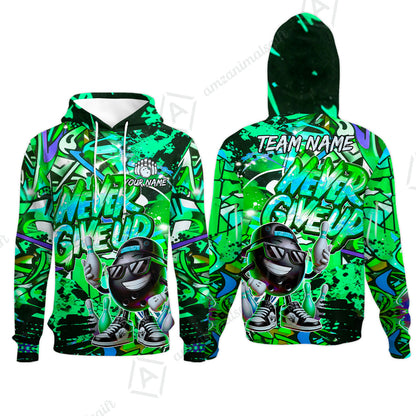 Customized Bowling Unisex Polo Shirt, Graffiti Bowling Funny Never Give Up Bowling Uniform, Personalized Name And Team Name