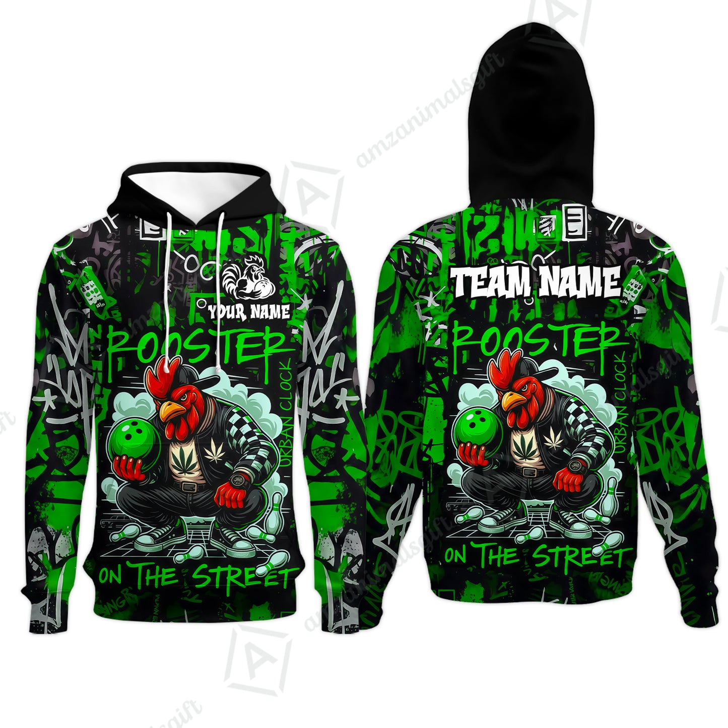 Customized Bowling Unisex Polo Shirt, Urban Streetwear Chicken Bowling Rooster On The Street, Personalized Name Team Name