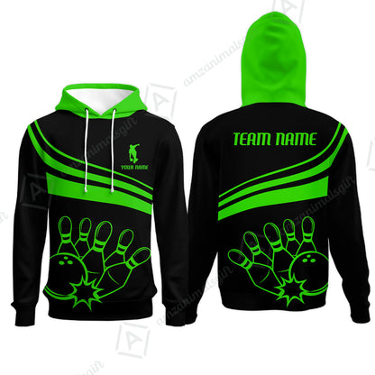 Bowling Customized Jersey Black Shirt Green Curve Bowling Tenpin Quarter Zip Shirt, Outfit For Bowlers, Bowling Team