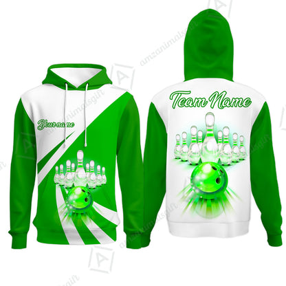 Bowling Customized Jersey White Green Shirt Rolling Bowling Tenpin Quarter Zip Shirt, Outfit For Bowlers, Bowling Team