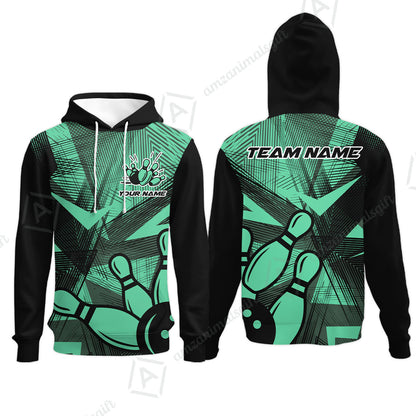 Customized Bowling Hoodie, Bowling Ball And Pins Esports Pattern Hoodie Uniform For Bowlers