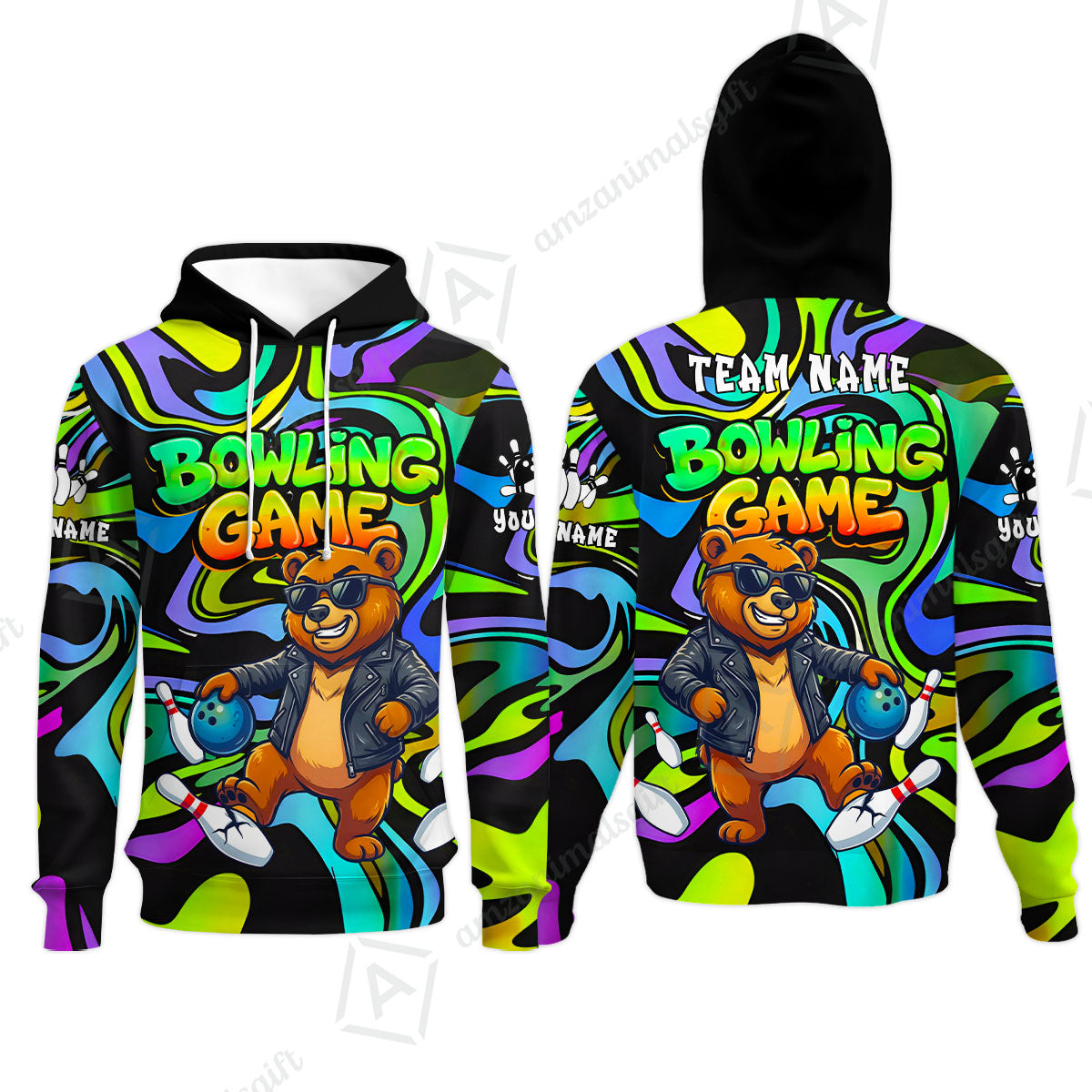 Custom Bowling Jersey Polo Shirt, Trippy Swirl Rocker Bear Graffiti Style, Custom Bowling Jersey Team Shirt For Players With Name & Team Name