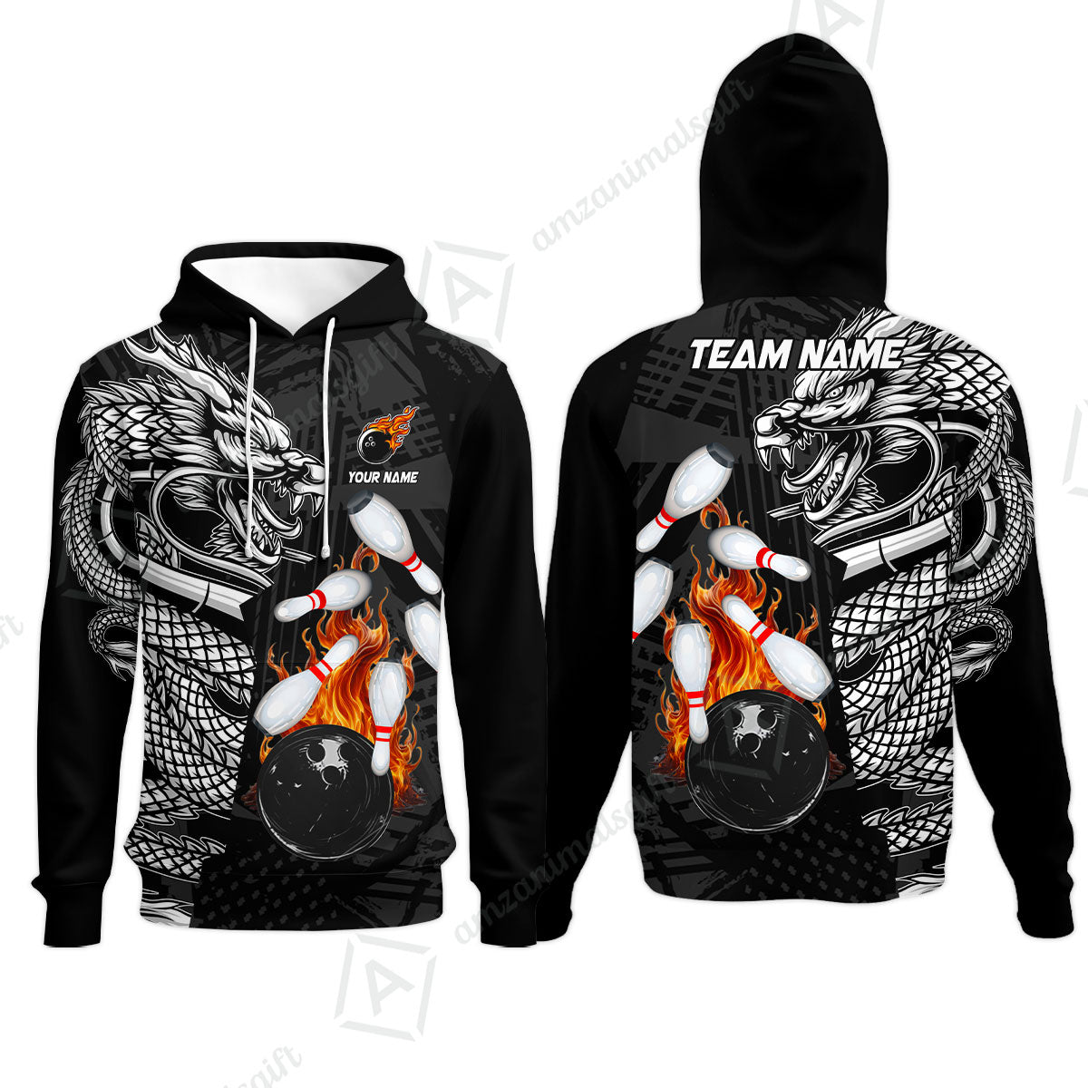 Custom Bowling Team Jerseys Polo Shirts, Bowling uniforms Bowling & Pins Dragon Flame Fire Multicolor Options Personalized Name And Team Name