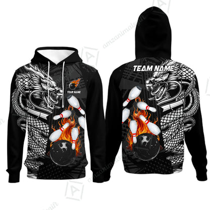 Custom Bowling Team Jerseys Polo Shirts, Bowling uniforms Bowling & Pins Dragon Flame Fire Multicolor Options Personalized Name And Team Name