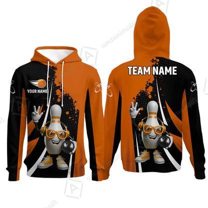 Customized Bowling Unisex Polo Shirt, Halftone Bowling Pin Wearing Headphones Sunglasses, Personalized Name And Team Name