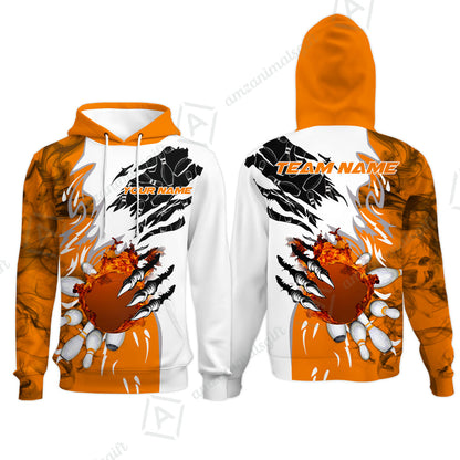 Customized Bowling Hoodie, Bowling And Pins Plame Monster Hand Premium Multicolor Option Personalized Name And Team Zipper Polo Jerseys Shirts