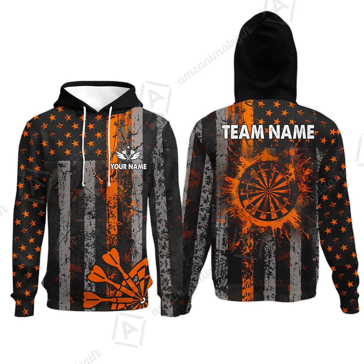 Customized Darts Hoodie, Turquoise Grunge US Flag Patriotic Darts Hoodie Jersey for Darts Players