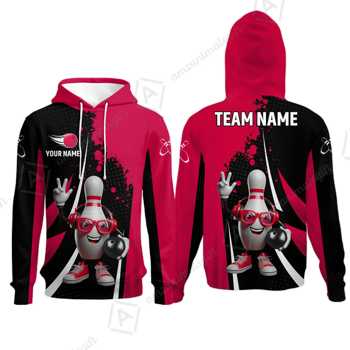 Customized Bowling Unisex Polo Shirt, Halftone Bowling Pin Wearing Headphones Sunglasses, Personalized Name And Team Name