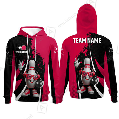 Customized Bowling Unisex Polo Shirt, Halftone Bowling Pin Wearing Headphones Sunglasses, Personalized Name And Team Name