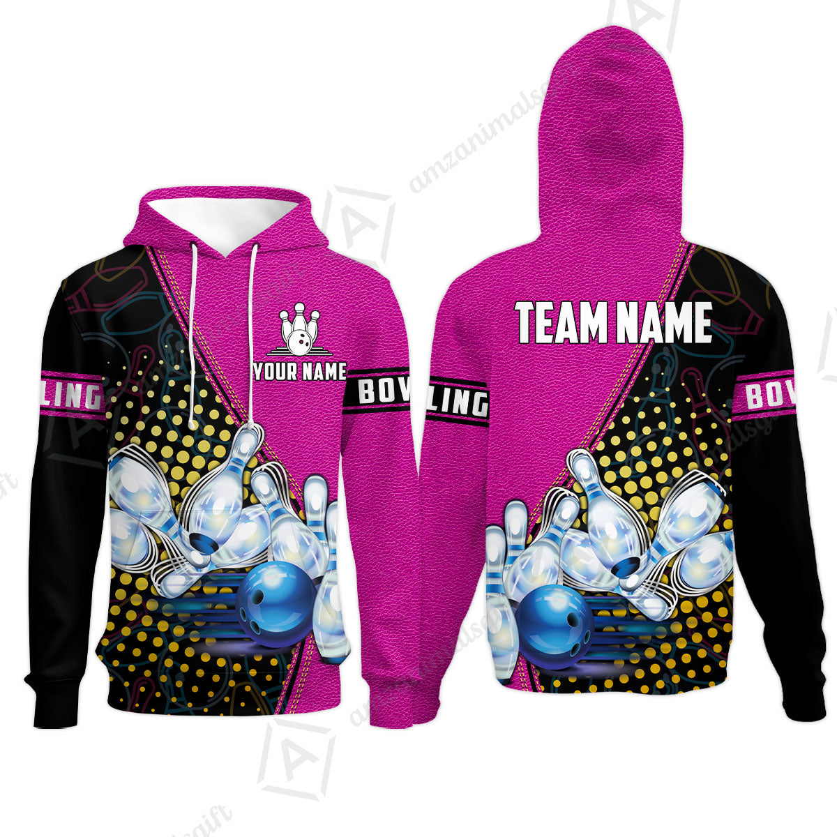 Custom Bowling Hoodie - Black And Blue Bowling Ball Pattern Personalized Name Hoodie