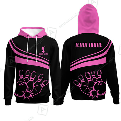 Bowling Customized Jersey Black Shirt Pink Curve Bowling Tenpin Quarter Zip Shirt, Outfit For Bowlers, Bowling Team