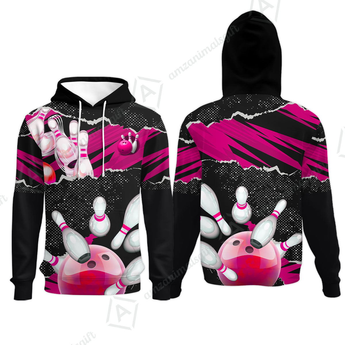 Personalized Bowling Hoodie, Bowling Uniforms Ball & Pins Sport Pattern Custom Name And Team Name For Bowlers