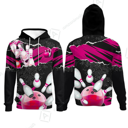 Personalized Bowling Hoodie, Bowling Uniforms Ball & Pins Sport Pattern Custom Name And Team Name For Bowlers