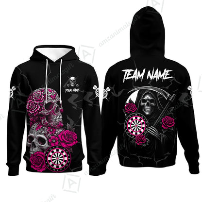 Customized Darts Hoodie, Darts Turquoise Skull Roses Dartboard Hoodie Style Jersey for Darts Players