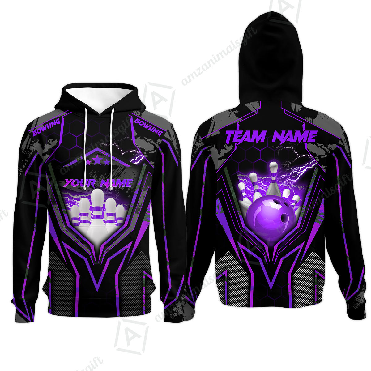 Customized Bowling Jersey, Bowling And Pins Abstract Grunge Texture X Multicolor Option Customized Name And Team Name Zipper Polo Jerseys Shirts