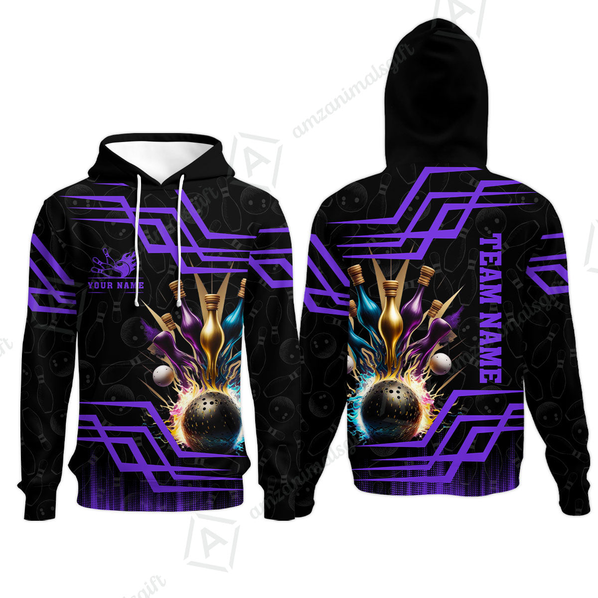 Customized Bowling Unisex Polo, Bowling And Pins Royal Multicolor Option Customized Name And Team Name For Bowling Team