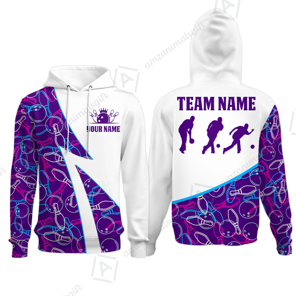 Custom Bowling Team Bowling Jersey, Neon Pattern Bowling Jersey With Player Silhouettes Multicolor Polo Quarter-Zip Shirts, Custom Bowling Uniforms Jerseys