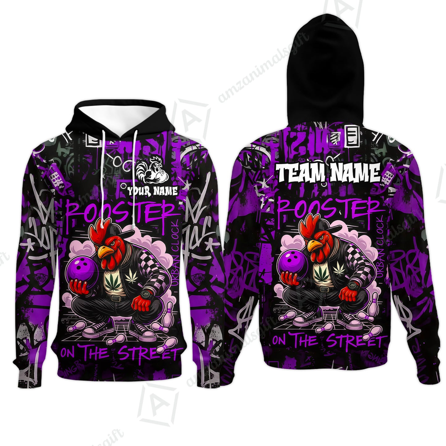 Customized Bowling Unisex Polo Shirt, Urban Streetwear Chicken Bowling Rooster On The Street, Personalized Name Team Name