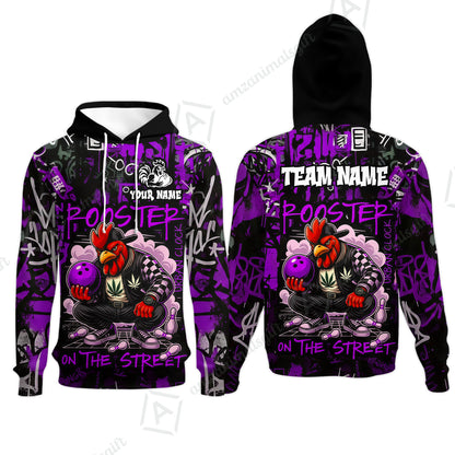 Customized Bowling Unisex Polo Shirt, Urban Streetwear Chicken Bowling Rooster On The Street, Personalized Name Team Name