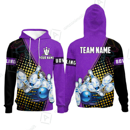 Custom Bowling Hoodie - Black And Blue Bowling Ball Pattern Personalized Name Hoodie