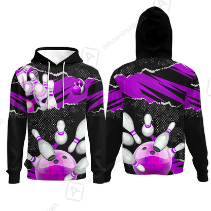 Personalized Bowling Hoodie, Bowling Uniforms Ball & Pins Sport Pattern Custom Name And Team Name For Bowlers