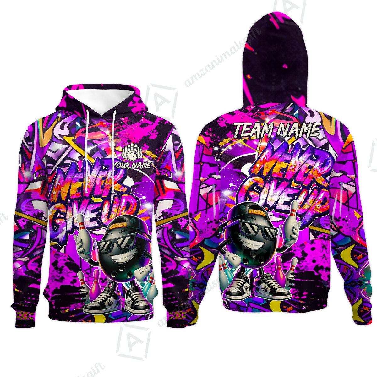 Customized Bowling Unisex Polo Shirt, Graffiti Bowling Funny Never Give Up Bowling Uniform, Personalized Name And Team Name