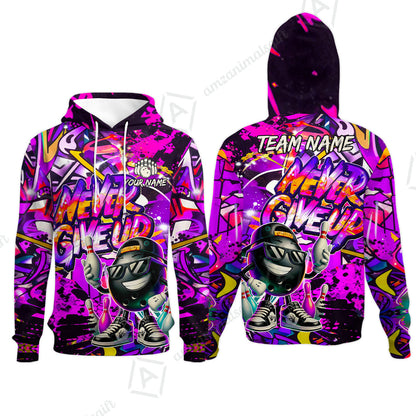 Customized Bowling Unisex Polo Shirt, Graffiti Bowling Funny Never Give Up Bowling Uniform, Personalized Name And Team Name