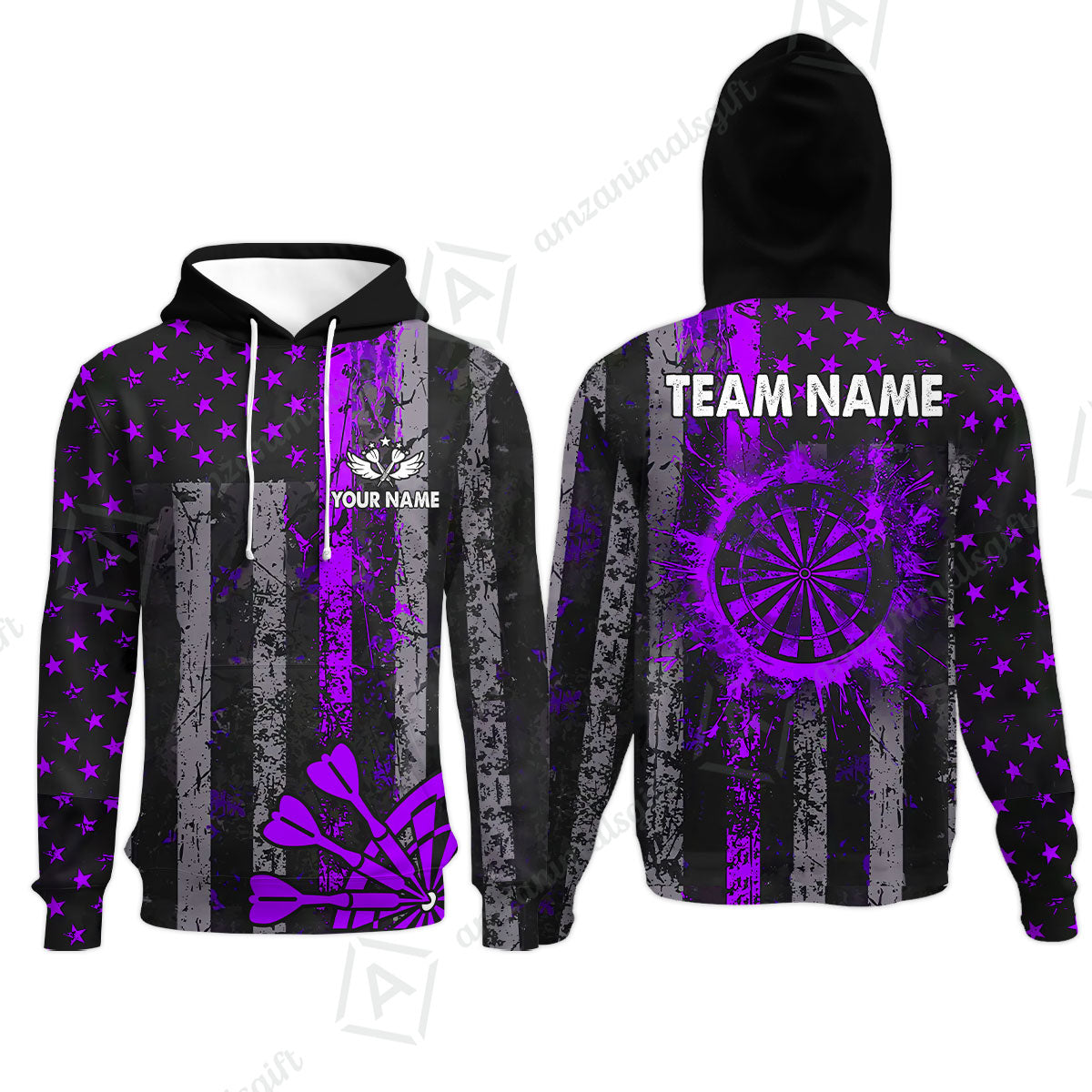 Customized Darts Hoodie, Turquoise Grunge US Flag Patriotic Darts Hoodie Jersey for Darts Players