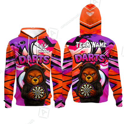 Customized Darts Team Uniform Shirt, Custom Darts Team Collar Quarter-Zip, Personalized Bear Darts Shirt with Name & Team Name