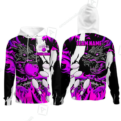 Custom Bowling Team Hoodie, Bowling uniforms Ball & Pins Dragon Flame Pattern Personalized Name And Team Name