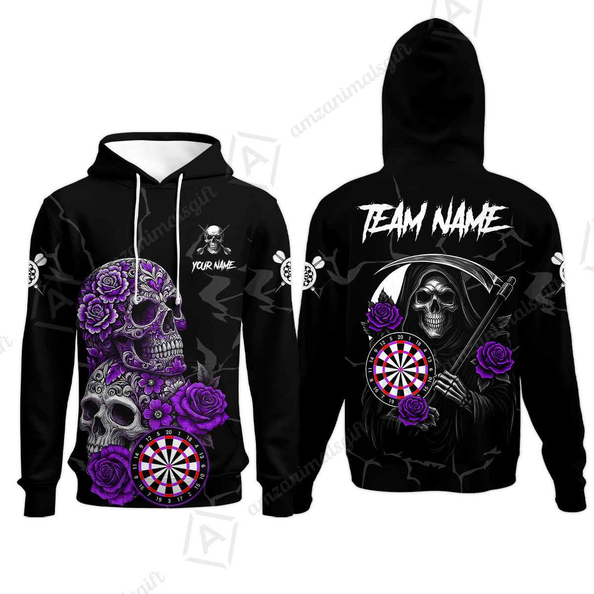 Customized Darts Hoodie, Darts Turquoise Skull Roses Dartboard Hoodie Style Jersey for Darts Players