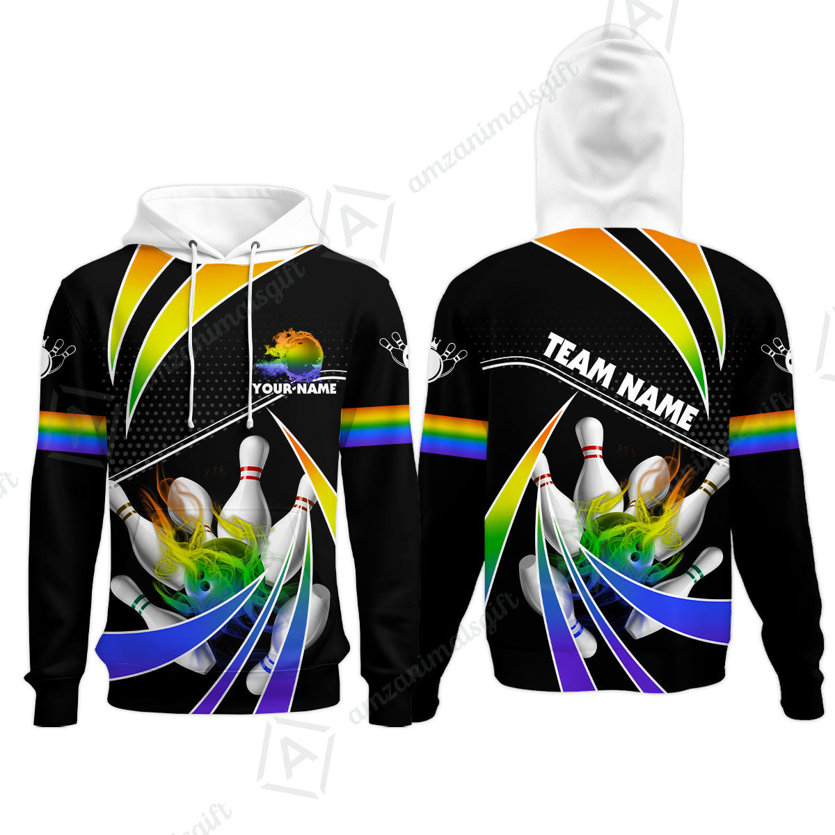 Customized Bowling Hoodie, Bowling Ball & Pins Fire Light Sport Hoodie Multicolor Option For Bowlers