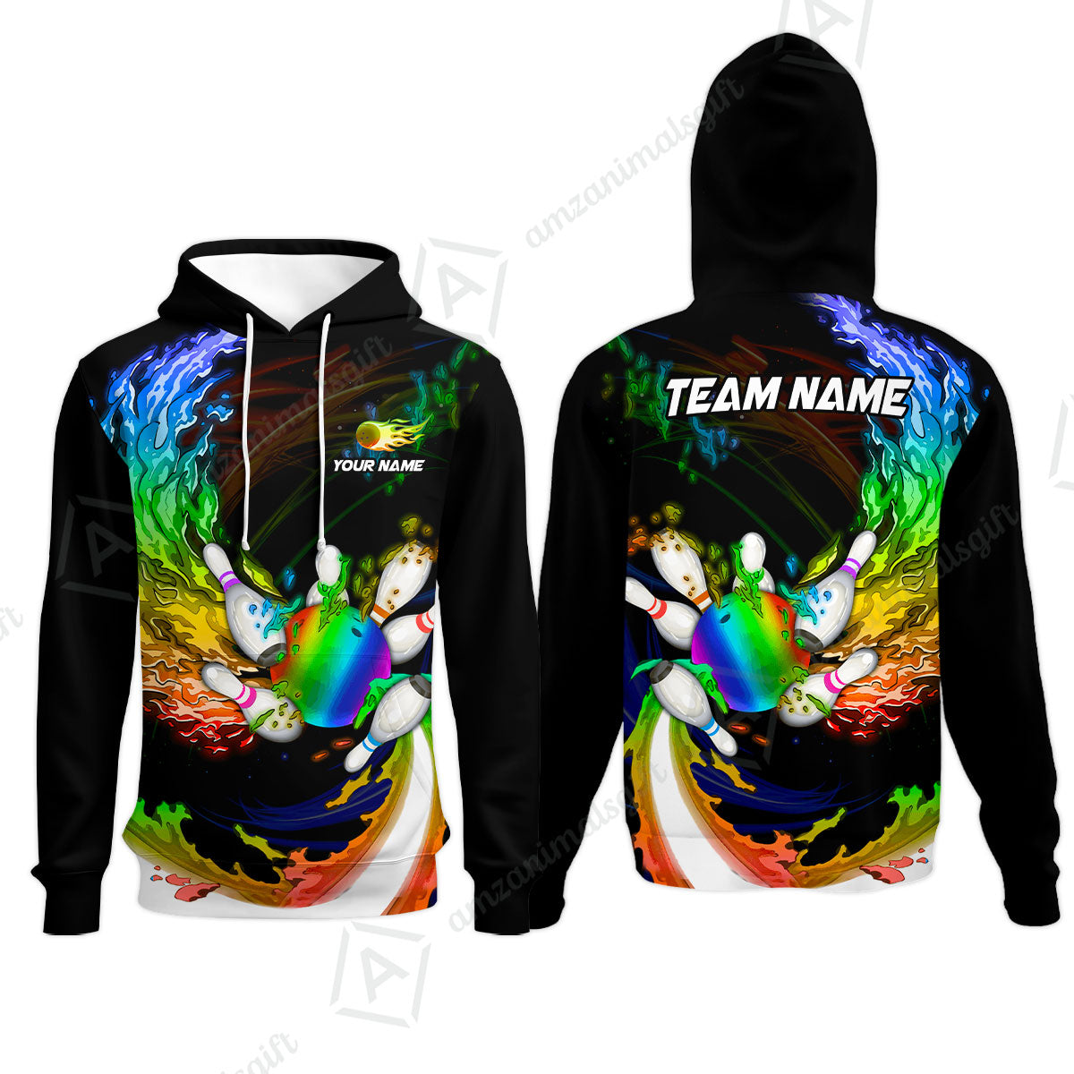 Personalized Bowling Hoodie Breath Of Flaming Bowling Ball And Pins Multicolor Custom Name, Team Name For Bowlers