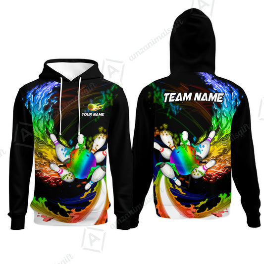 Personalized Bowling Hoodie Breath Of Flaming Bowling Ball And Pins Multicolor Custom Name, Team Name For Bowlers