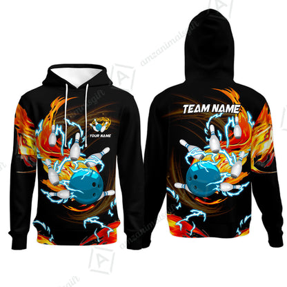 Customized Bowling Hoodie, Bowling Ball & Pins Breath Of Thunder Flame Multicolor Option, Perfect Outfit For Bowlers