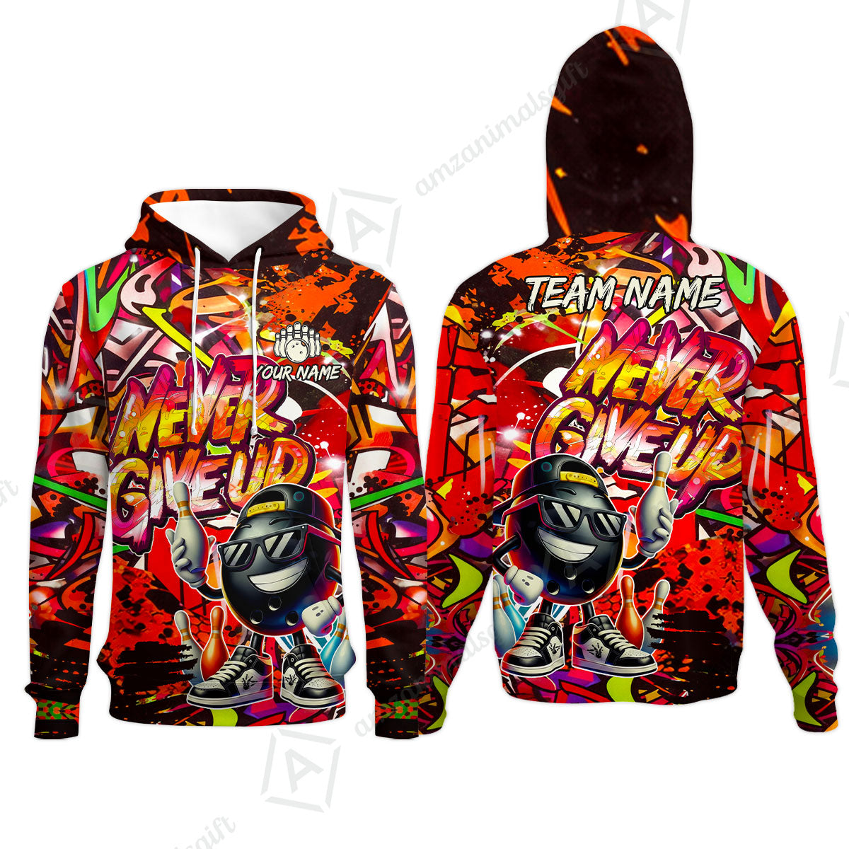 Customized Bowling Unisex Polo Shirt, Graffiti Bowling Funny Never Give Up Bowling Uniform, Personalized Name And Team Name