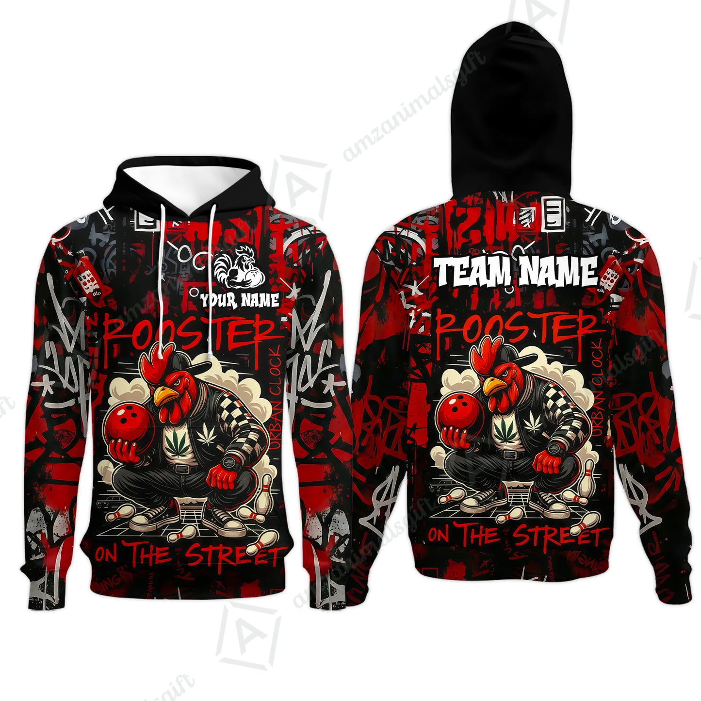 Customized Bowling Unisex Polo Shirt, Urban Streetwear Chicken Bowling Rooster On The Street, Personalized Name Team Name